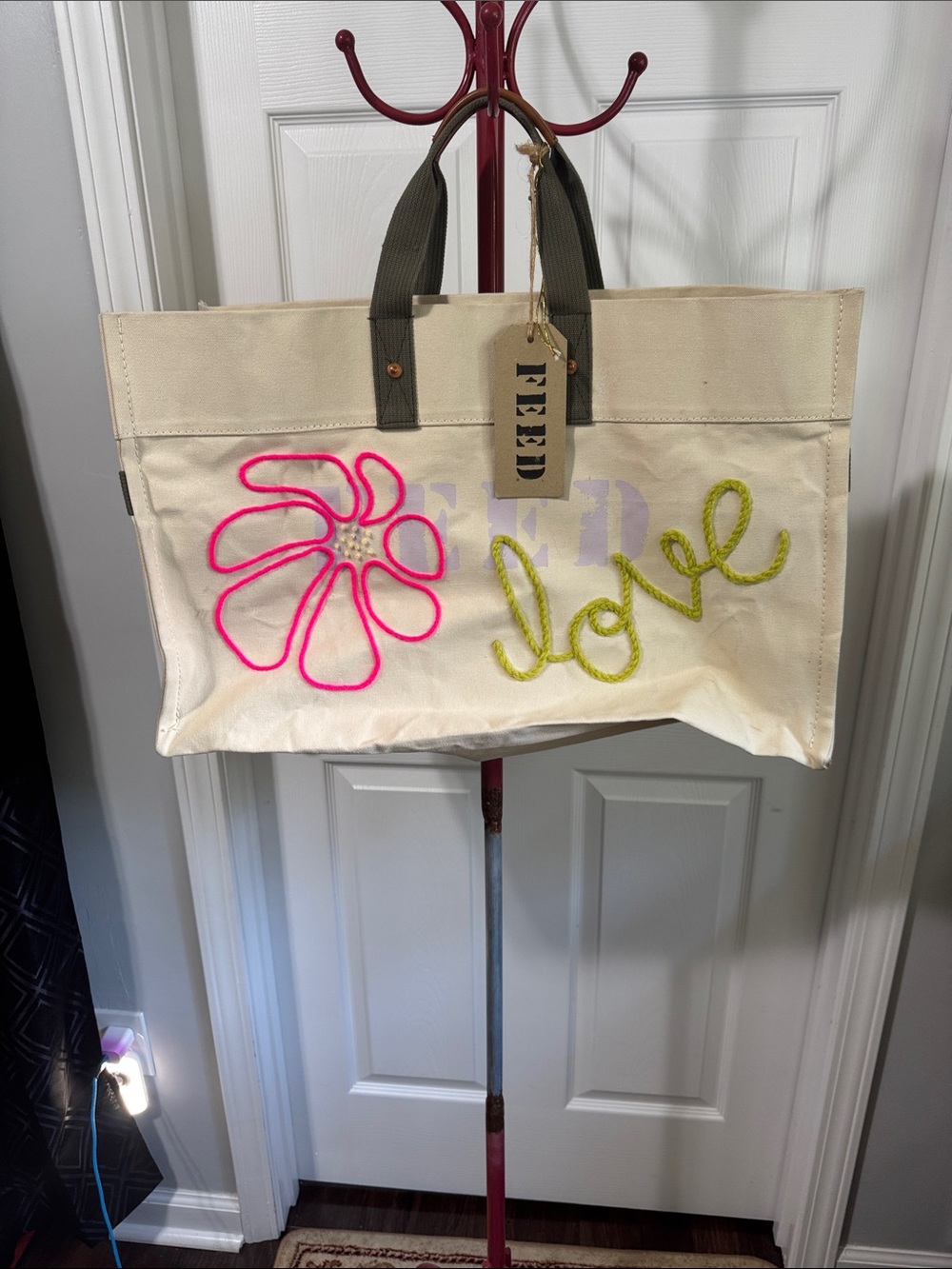 FEED Canvas Tote with Neon Pink Flower & Lime 'Love' Accent